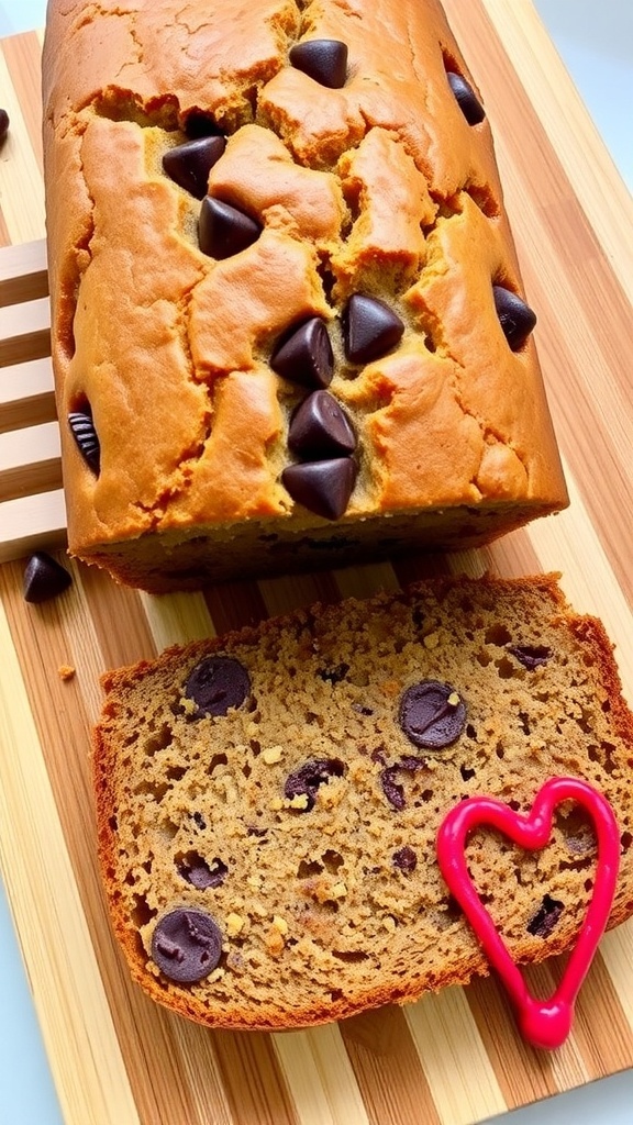 A loaf of banana bread with chocolate chips, sliced on a wooden board, decorated with a heart-shaped icing for Valentine